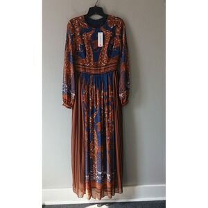 Floryday Women's Size XS Giraffe Print Maxi Dress Blue and Brown Long Sleeve NWT